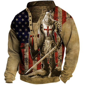 Men's American Flag Templar Cross Vintage Print Henley Collar Sweatshirt